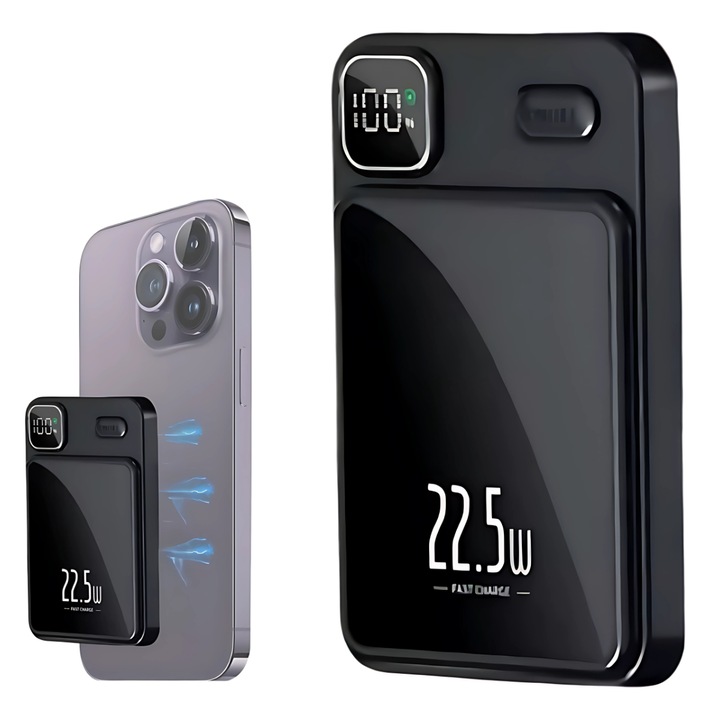 Baterie externa Wireless, MagSafe Magnetica,10000 mAh, 22.5W, pentru iPhone 16 / 15 / 14 / 13 / 12 / 11, Airpods si multe altele, Negru