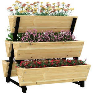 Jardiniera de gradina Outsunny, 3 nivele, 5 compartimente, lemn de brad, cu drenaj, 75x78x77cm, culoare lemn