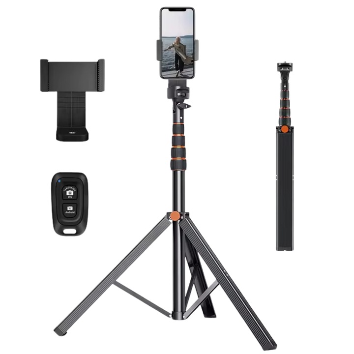 Trepied foto telescopic profesional, pentru telefon, camera foto sau GoPro, cu functie de selfie stick si telecomanda, husa impermeabila inclusa, H46-163cm, din aluminiu, PROMERCO®