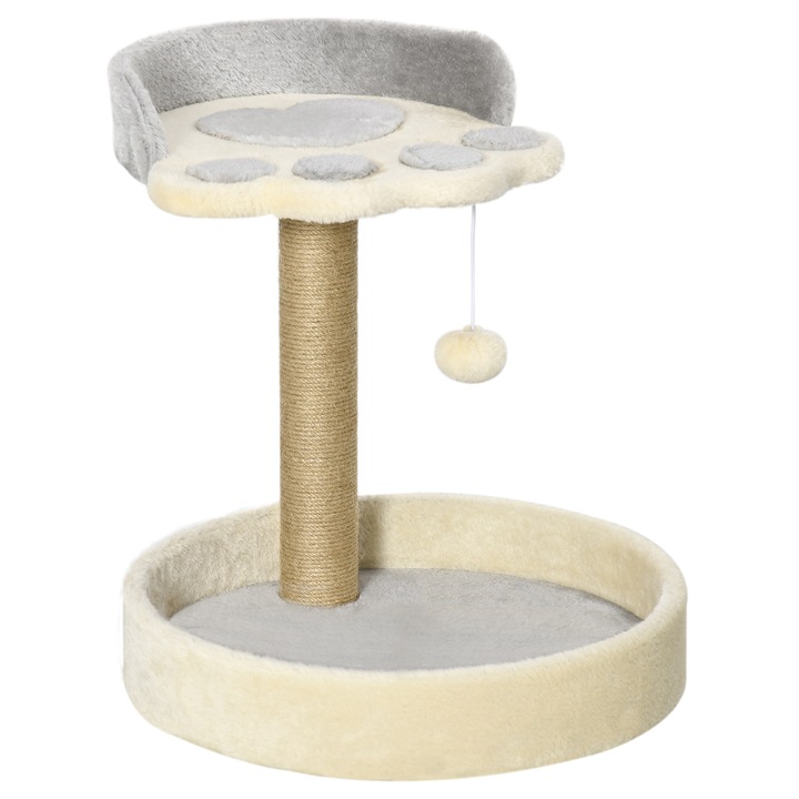 Turn pentru pisici PawHut, PAL/Plus/Iuta, cu 2 paturi/minge, gri si bej, 41x41x44cm