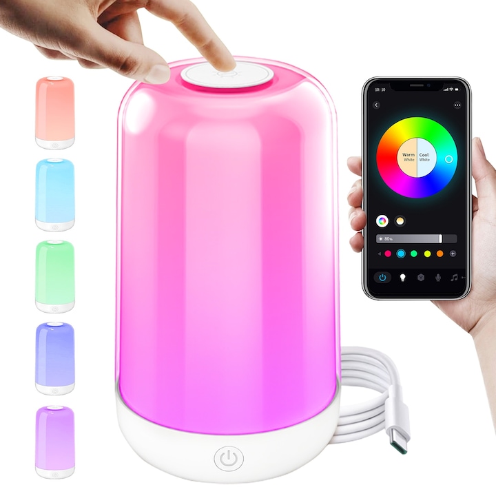 Éjszakai lámpa, YANX, LED, RGB, 7 cserélhető szín, intenzitás és színváltó funkció, Bluetooth, Touch-Control, USB újratölthető, APP vezérlés, hálószobába, nappaliba, irodába, éjjeliszekrénybe, 3600 mAh, többszínű