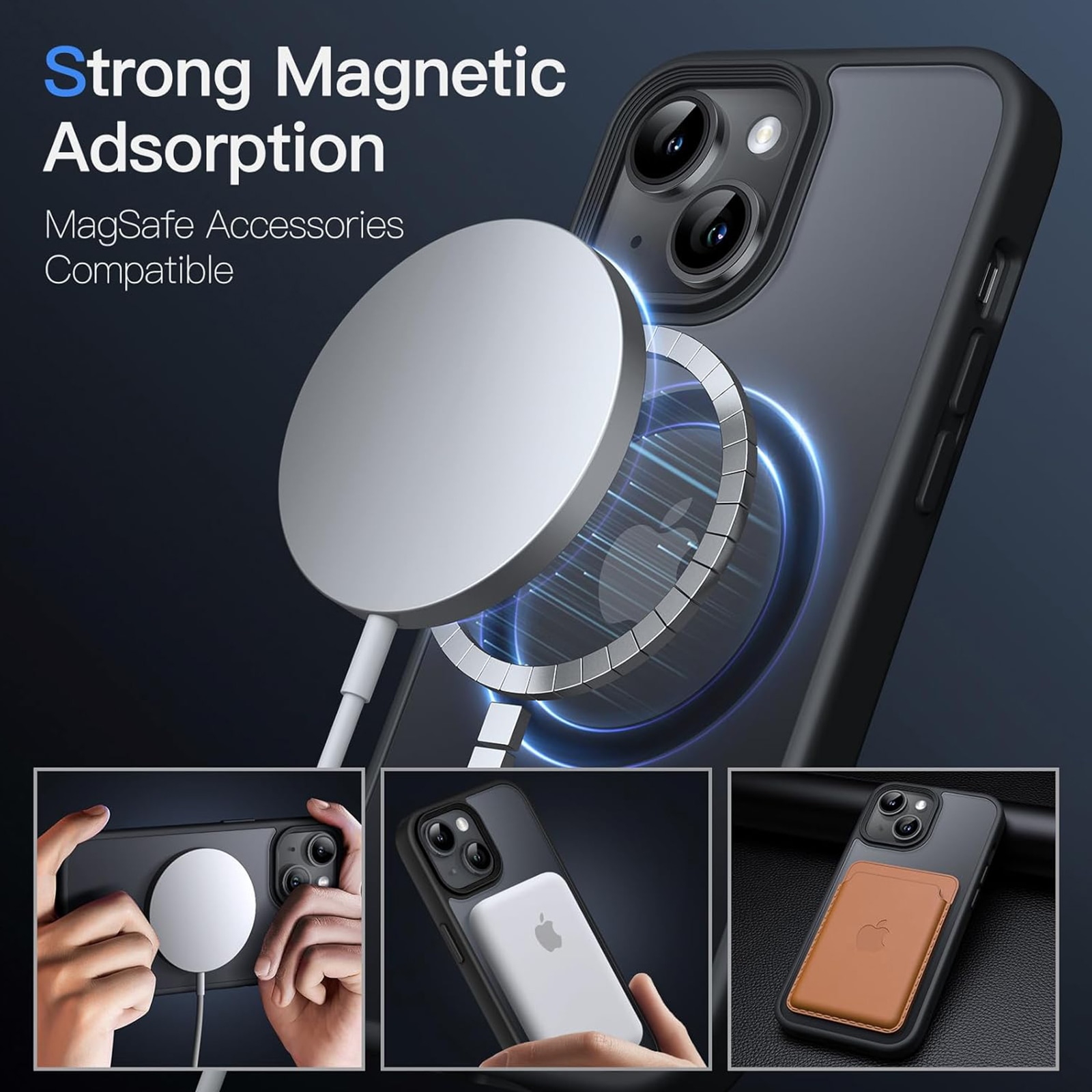Husa de Protectie iphone 14, SINBINTA, Cu carpa de curatare, Accepta incarcarea fara fir, Atractie magnetica, Rezistent la petele de ulei, Subtire anti-alunecare, Durabil, TPU/Policarbonat, Negru