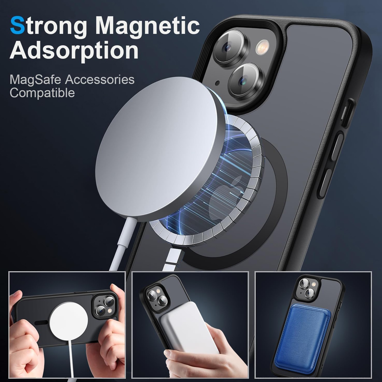 Husa de Protectie iphone 14 plus, SINBINTA, Cu carpa de curatare, Accepta incarcarea fara fir, Atractie magnetica, Rezistent la petele de ulei, Subtire anti-alunecare, Durabil, TPU/Policarbonat, Negru