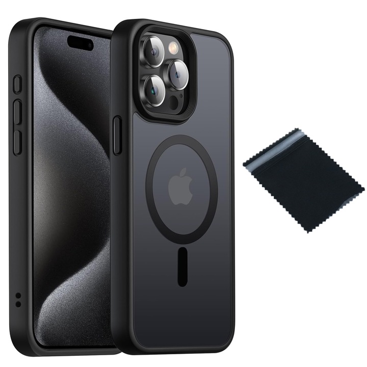 Защитен калъф за iPhone 15 Pro Max, SINBINTA, с кърпа за почистване, поддържа безжично зареждане, магнитно привличане, устойчив на маслени петна, тънък против приплъзване, издръжлив, TPU/поликарбонат, черен