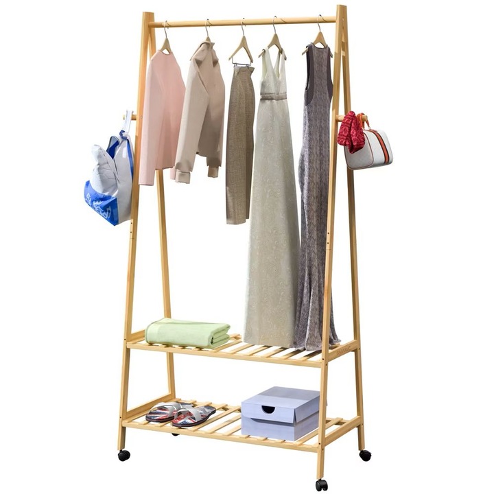 Suport pentru haine cu 2 rafturi pentru incaltaminte, si suport pentru umbrele, din bambus, 152 x 69, 5 x 43cm, maro