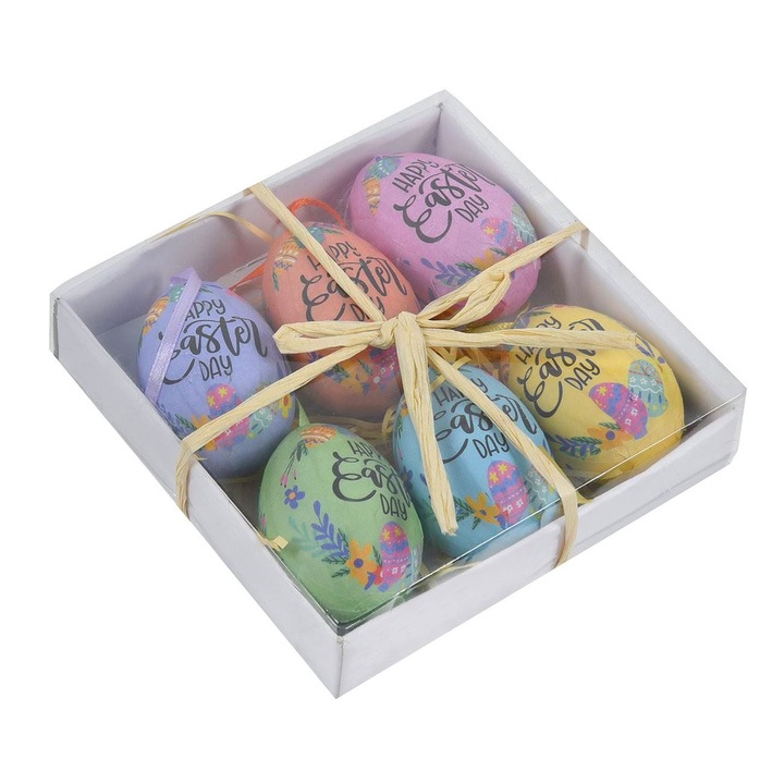 Set 6 oua decorative de Paste Shopiens® din spuma, suspendabile cu flori si imprimeu Happy Easter, 5 cm