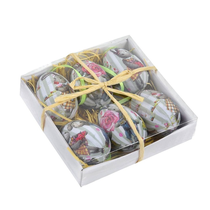Set 6 oua decorative de Paste Shopiens® din spuma, suspendabile cu imagine iepurasi cu flori, 5 cm