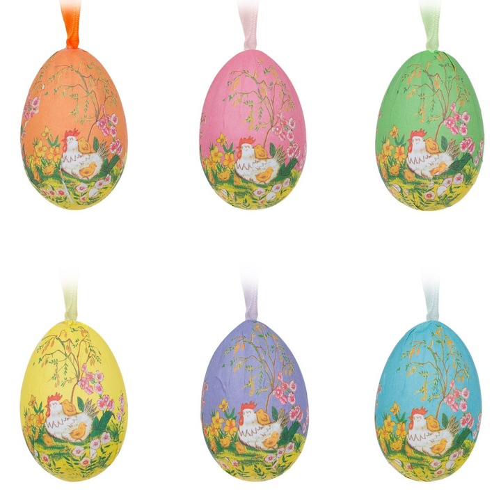 Set 6 oua decorative de Paste Shopiens® din spuma, suspendabile cu imagine de hartie ”Gaina” cu sfoara, 6.5 cm