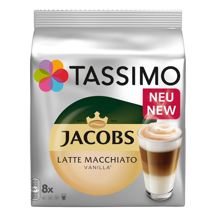 Capsule cafea, Jacobs Tassimo Latte Machiato Vanilla, 8 bauturi x 295 ml, 8 capsule specialitate cafea + 8 capsule lapte