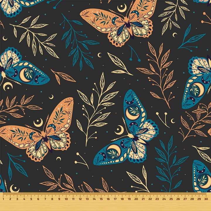 Textil anyag, Pillangók feketén, Poliészter 100%, 210g/pm, Méret: 100cm x 155cm