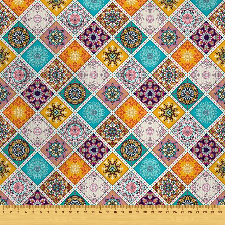 Textil anyag, Színes keleti kockák, Poliészter 100%, 210g/pm, Méret: 100cm x 155cm