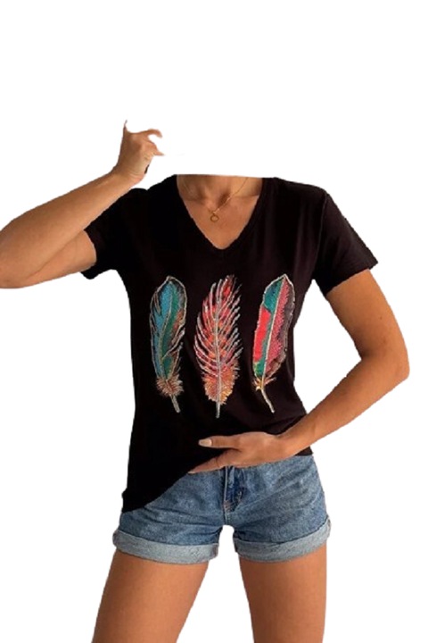 Tricou dama, bumbac, decolteu in V, cusatura manuala cu strasuri, Negru, Negru