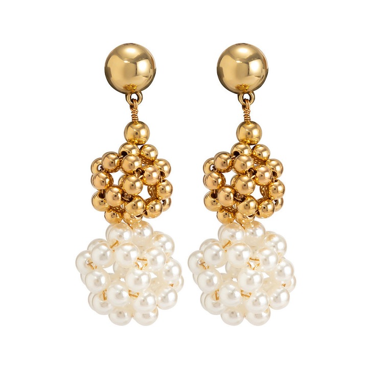 Cercei statement, doua sfere din perle albe si aurii Auriu