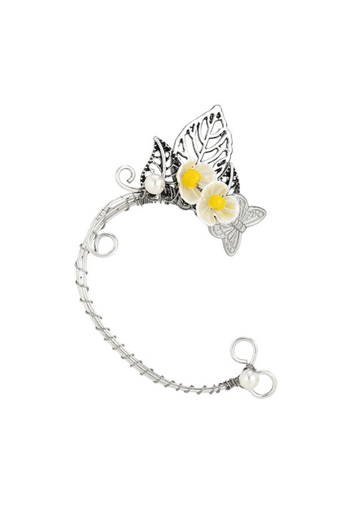 Cercel ear cuff wrap, hand made, ureche de elf din fir metalic, cu flori si frunze Argintiu Urechea dreapta