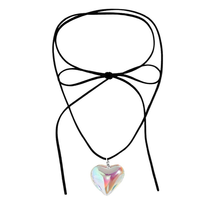 Colier lung din snur cerat, cu medalion inimioara mare si bombata Multicolor