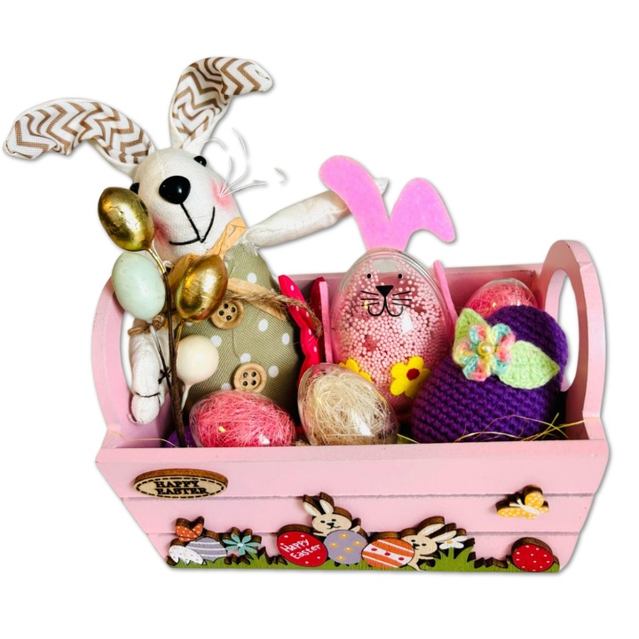Розова занаятчийска кошница - Великденска украса "Радостта на зайчето", украсена с блестящи яйца и празнични фигури 16x10 см