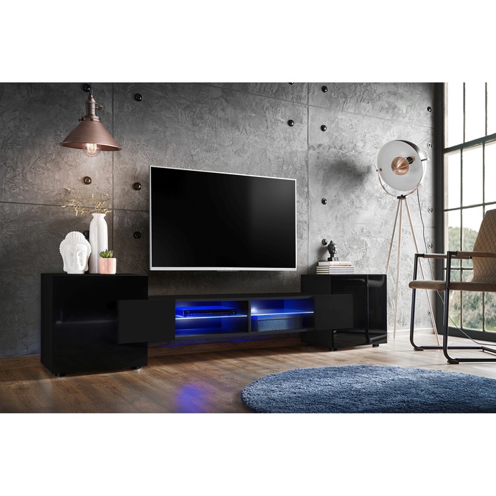 Comoda TV Merano, Komodee, 230 x 52,5 x 35 cm, PAL, LED albastru, Negru/Negru/Negru