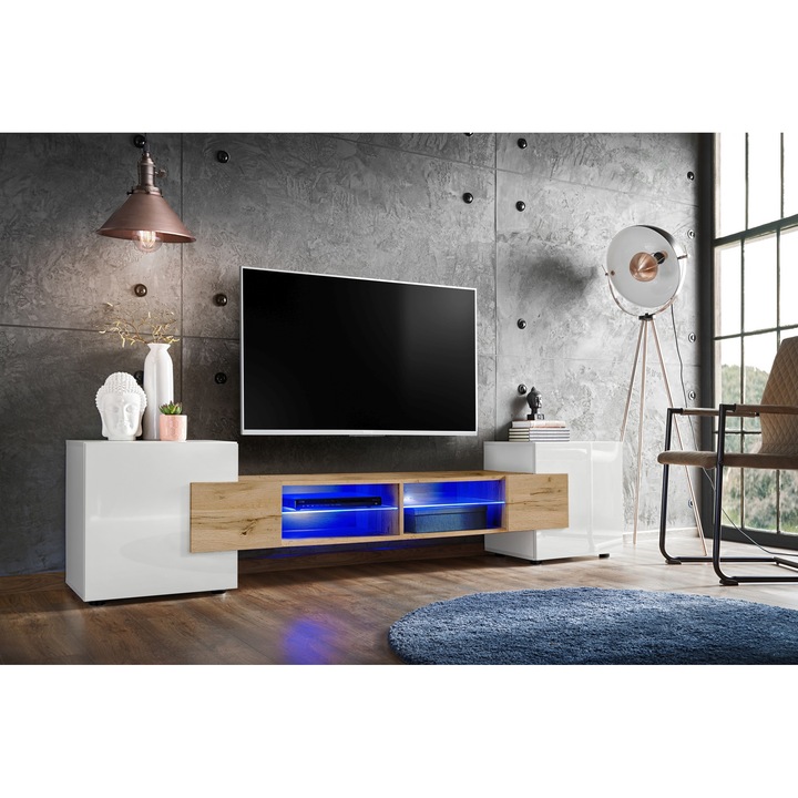 Comoda TV Merano, Komodee, 230 x 52,5 x 35 cm, PAL, LED Wotanastru, Alb/Wotan/Alb