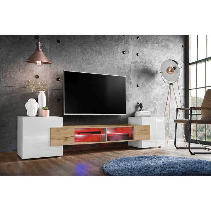 Comoda TV Merano, Komodee, 230 x 52,5 x 35 cm, PAL, LED RGB, Alb/Wotan/Alb