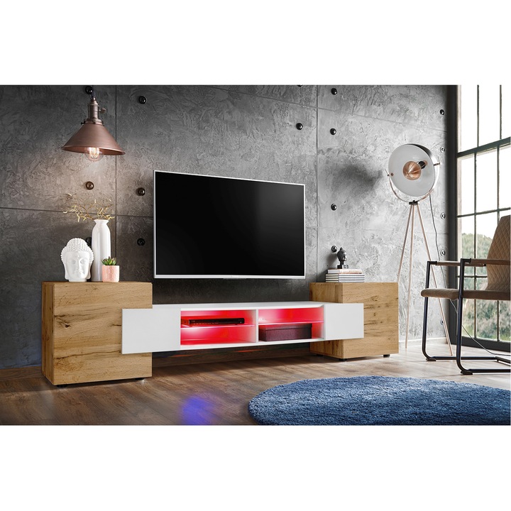 Comoda TV Merano, Komodee, 230 x 52,5 x 35 cm, PAL, LED RGB, Wotan/Alb/Wotan