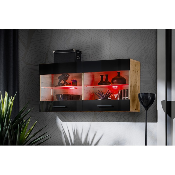 Vitrina Savona, Komodee, 100 x 50 x 30 cm, PAL, LED RGB, Wotan/Negru