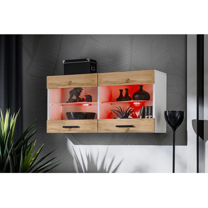Vitrina Savona, Komodee, 100 x 50 x 30 cm, PAL, LED RGB, Alb/Wotan