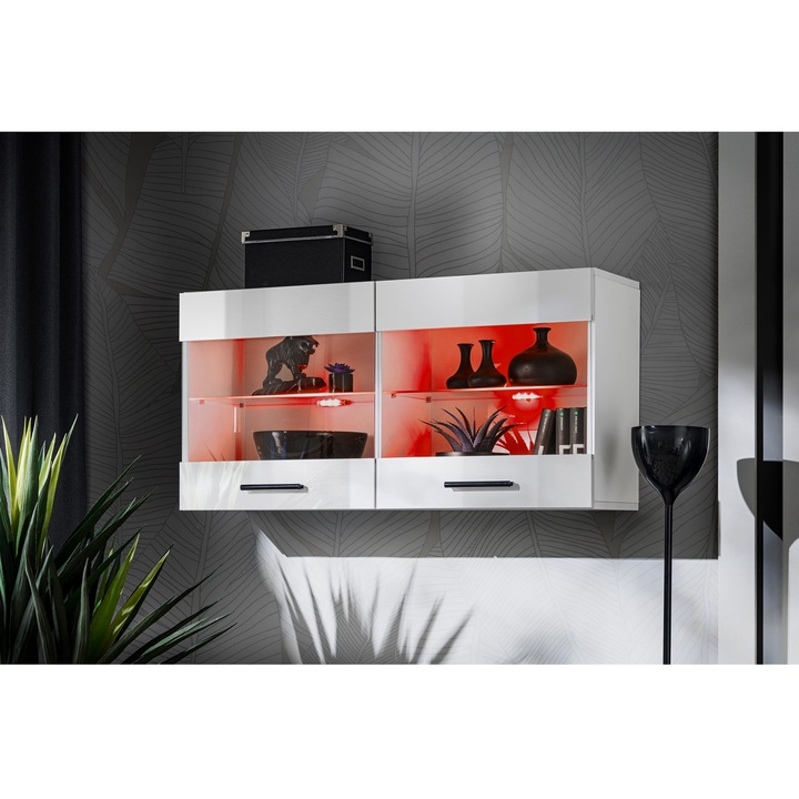 Vitrina Savona, Komodee, 100 x 50 x 30 cm, PAL, LED RGB, Alb/Alb