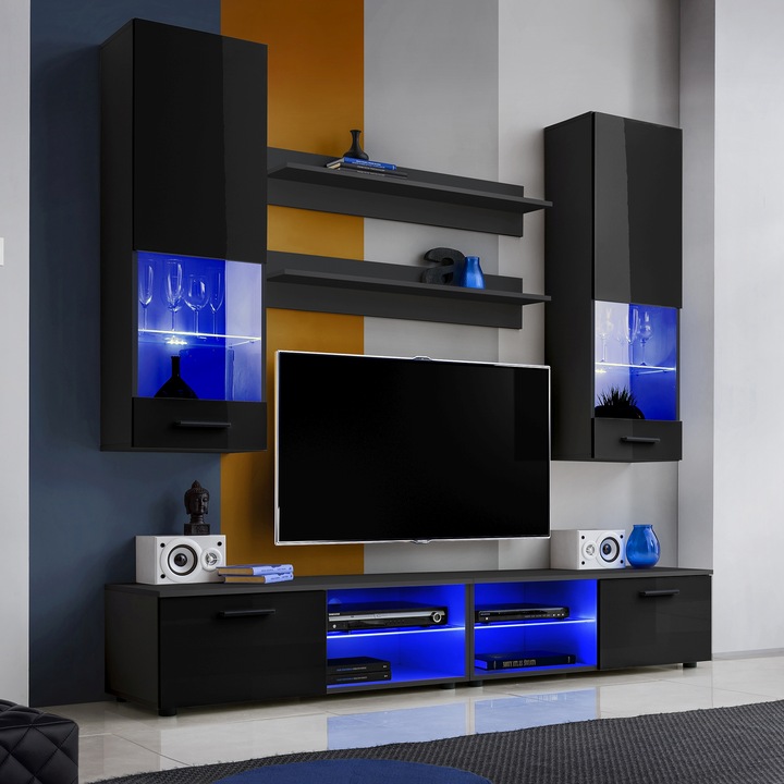 Set Mobila Living Varallo, Komodee, 200 x 34.5 x 45 cm, PAL, LED albastru, Negru/Negru