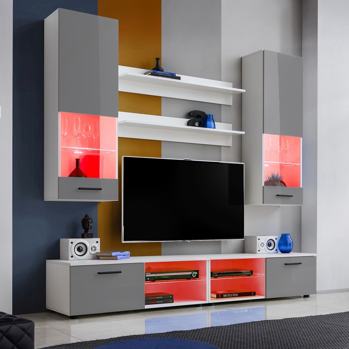 Set Mobila Living Varallo, Komodee, 200 x 34.5 x 45 cm, PAL, LED RGB, Alb/Gri