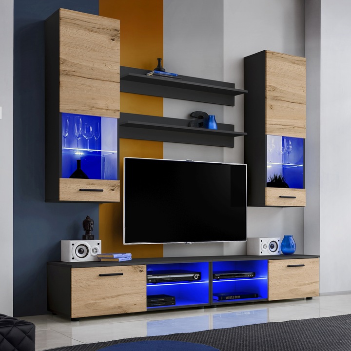 Set Mobila Living Varallo, Komodee, 200 x 34.5 x 45 cm, PAL, LED albastru, Negru/Wotan