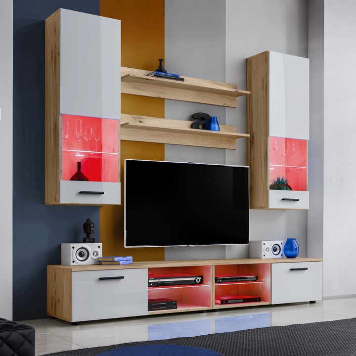 Set Mobila Living Varallo, Komodee, 200 x 34.5 x 45 cm, PAL, LED RGB, Wotan/Alb