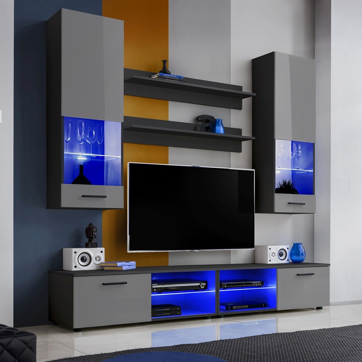 Set Mobila Living Varallo, Komodee, 200 x 34.5 x 45 cm, PAL, LED albastru, Negru/Gri