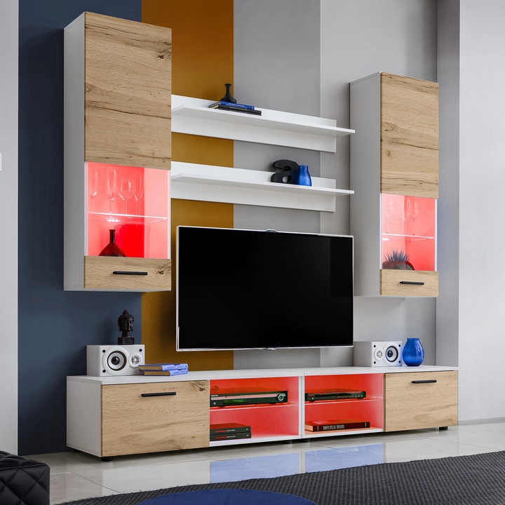 Set Mobila Living Varallo, Komodee, 200 x 34.5 x 45 cm, PAL, LED RGB, Alb/Wotan