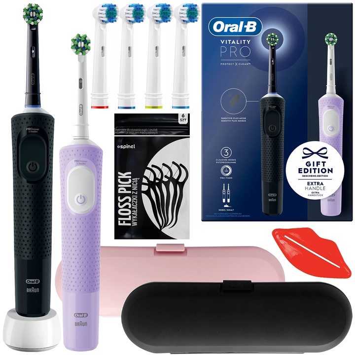 Oral-B Vitality Pro D103 Duo elektromos fogkefe + 4 csere elektromos fogkefehegy + tok 2 db, Fekete/Lila