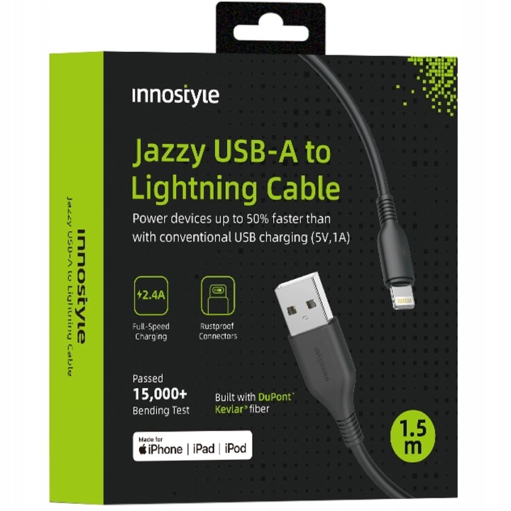 Innostyle Jazzy Usb Lightning Mfi Gyors Töltőkábel Iphone Kevlár 2M Fekete