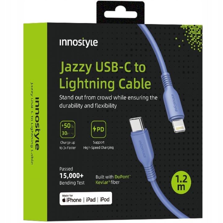 Cablu Date si Incarcare Innostyle® Jazzy USB-C - Lightning 1.2m, Compatibil cu iPhone 11, 12, 13, 14, Rezistenta Kevlar, Incarcare Rapida 2.4A, Apple CarPlay, albastru