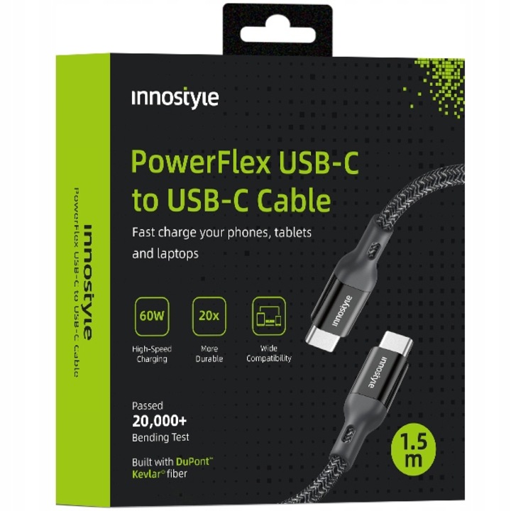 Telefon töltőkábel, Innostyle PowerFlex, USB-C, Kevlar, gyorstöltés 60W, 1,5 m, fekete