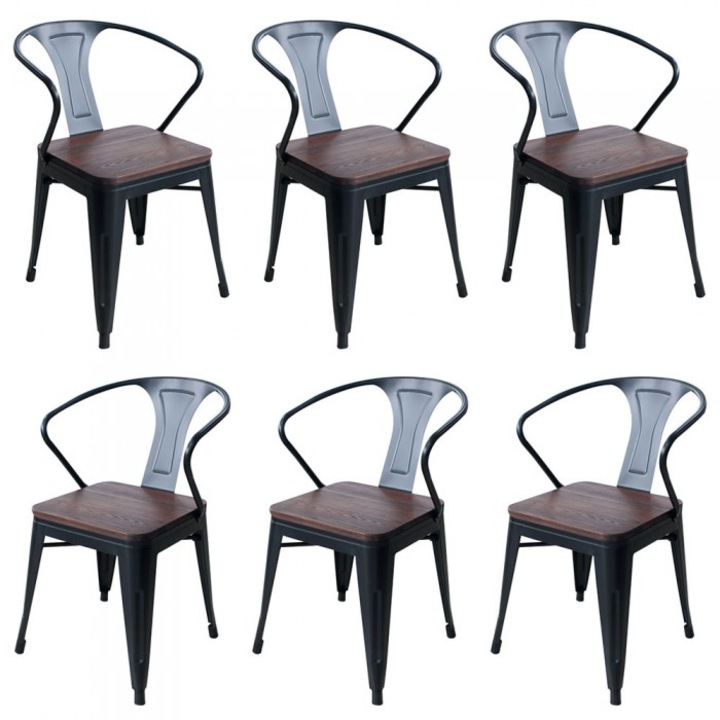Set 6 scaune metalice negre cu brate RAKI RETRO, sezut lemn, 56x51xh80cm