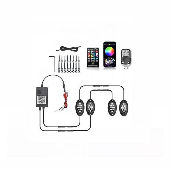 Set 4 lumini ambientale, LED, sub masina, 12V, multimod si multicolor, 3 moduri de a controla luminile, Smart Led Rock Light, HHRY164