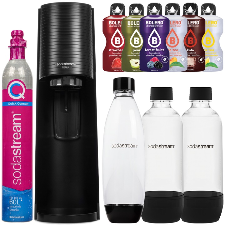 SodaStream Terra Black szódagép készlet, 3 tál, 1 l, alumínium, fekete/fekete, tartozékok