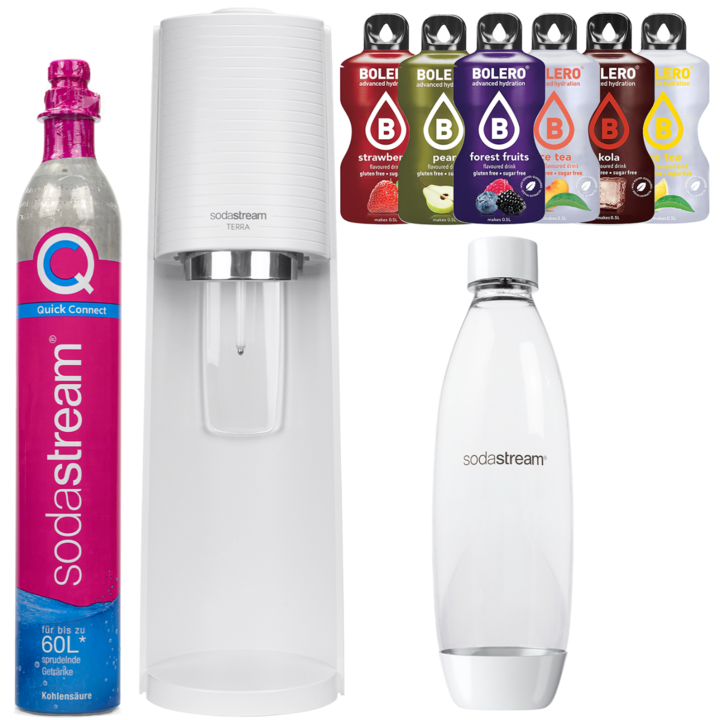 SodaStream Terra White szódagép készlet, 1 tál, 1 l, alumínium, fehér, tartozékok