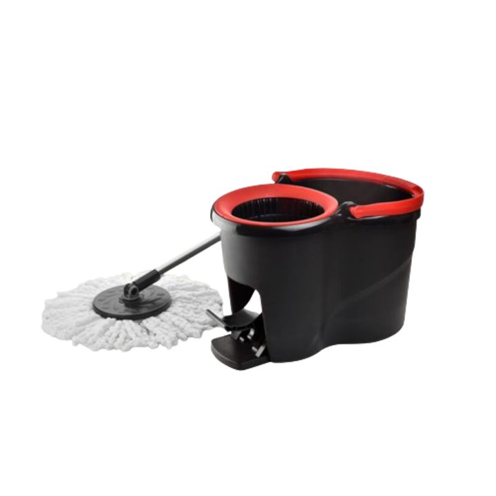 Set galeata cu pedala si mop rotativ, 100% microfibra, maner telescopic, design elegant, negru-rosu