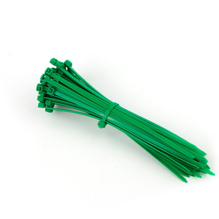 Set 100 bride din plastic, 4 x 200mm, cu autoblocare, tip colier, pentru fixare si legare, verde