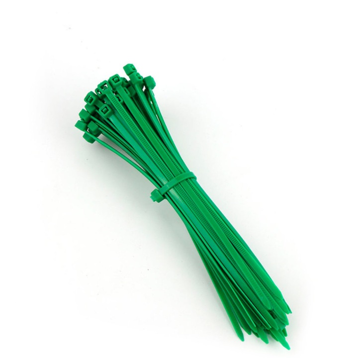 Set 100 bride din plastic, 4 x 250mm, cu autoblocare, tip colier, pentru fixare si legare, verde Verde 250 mm