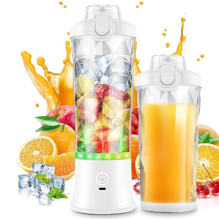 Mini Blender Electric, RASK, Portabil, 10 lame inox in 3D, 21.000 RPM, Multifunctional, Auto-Curatare, Baterie reincarcabila, 450ml, Alb