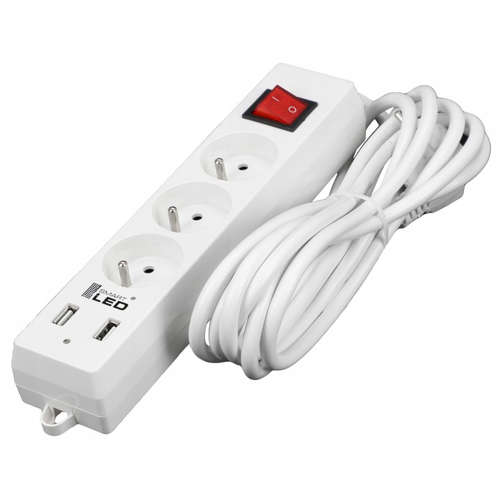 Cablu prelungitor, lungime 3m, numar de prize 3x230V si 2XUSB, alb, poate fi agatat pe perete, din plastic rezistent