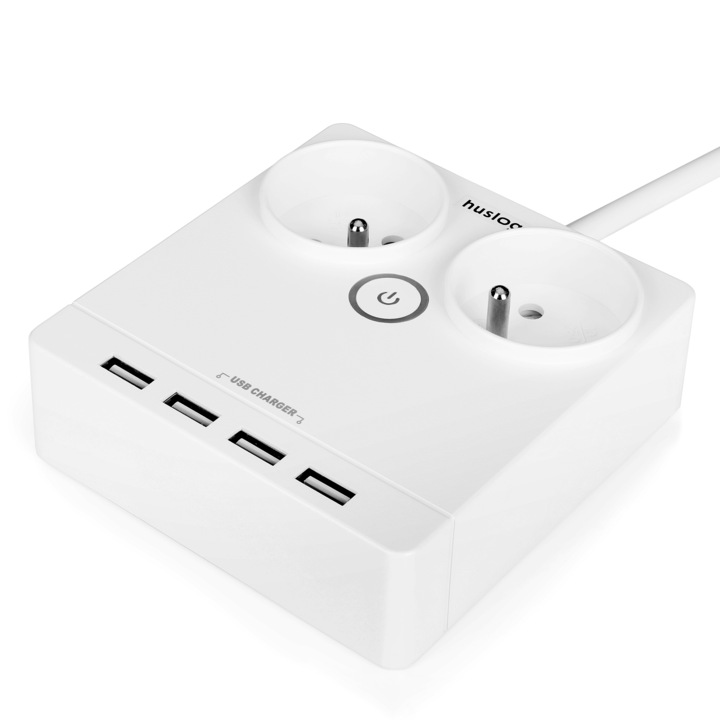 Stecher cu 2 prize si impamantare, 4xUSB A, 230V AC, 1.5m lungime cablu, Alb