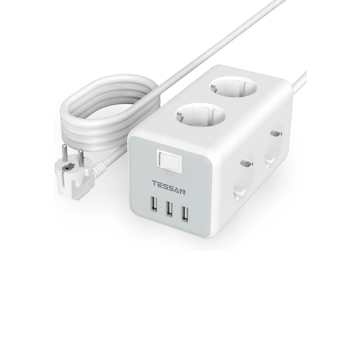 Tessan TS-306 cube удължител, ключ ON/OFF, 6 гнезда, 3xUSB 5V/3A, 3m кабел, бял