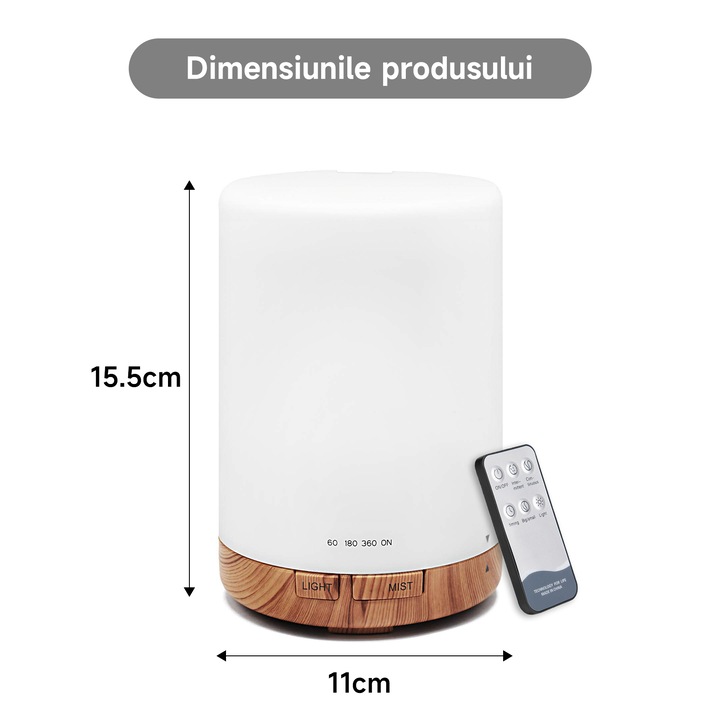 Difuzor Uleiuri Esentiale Aromaterapie, 7 Culori Interschimbabile si Telecomanda, Dormitor, Casa, Bebelusi, Birou, Hotel, set 6 uleiuri esentiale 10ml, oprire automata, 300ml