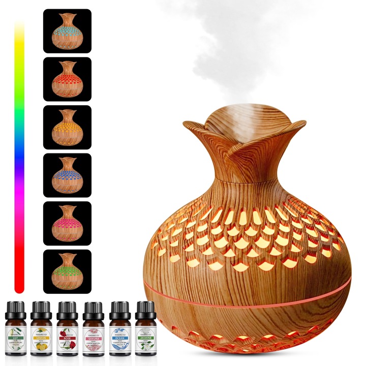 Difuzor de uleiuri esentiale pentru casa, ZUNSEAT, + 6 Uleiuri Esentiale, yoga, birou, spa, dormitor, functie de umidificare a aerului, ABS, Maro